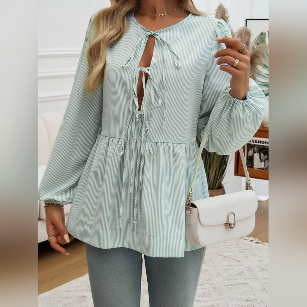 Devine Tied Striped Long Sleeve Blouse